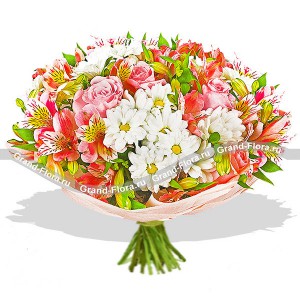 Пестрый букет из альстромерий, роз и хризантем